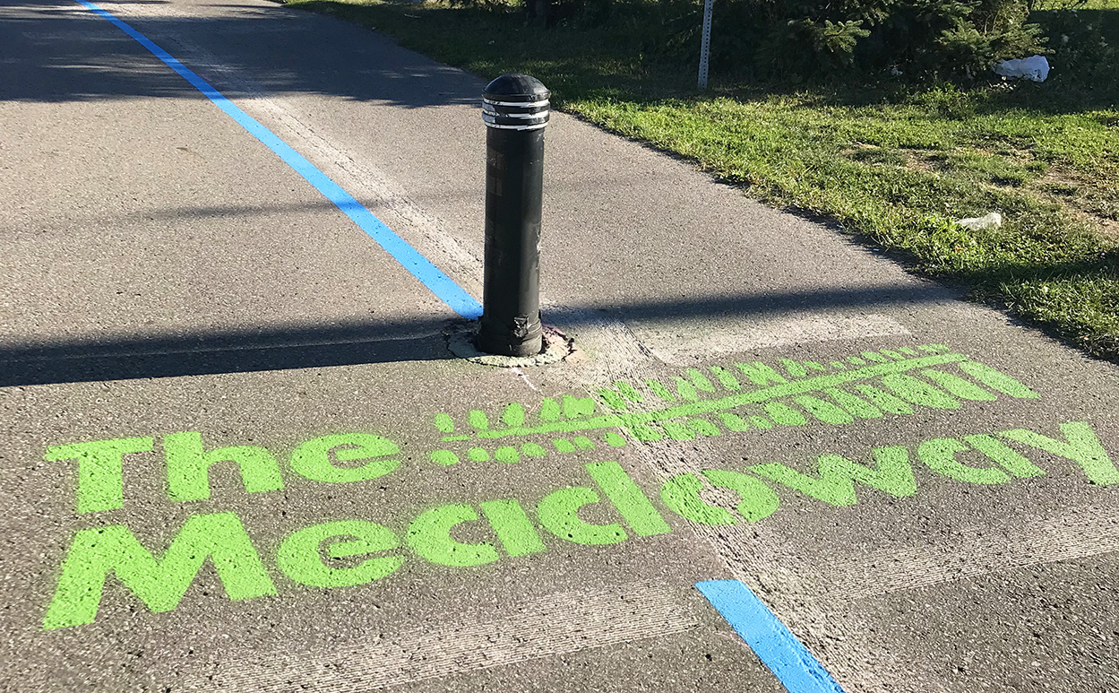 The Meadoway logo painted bright green on surface of multi-use trail