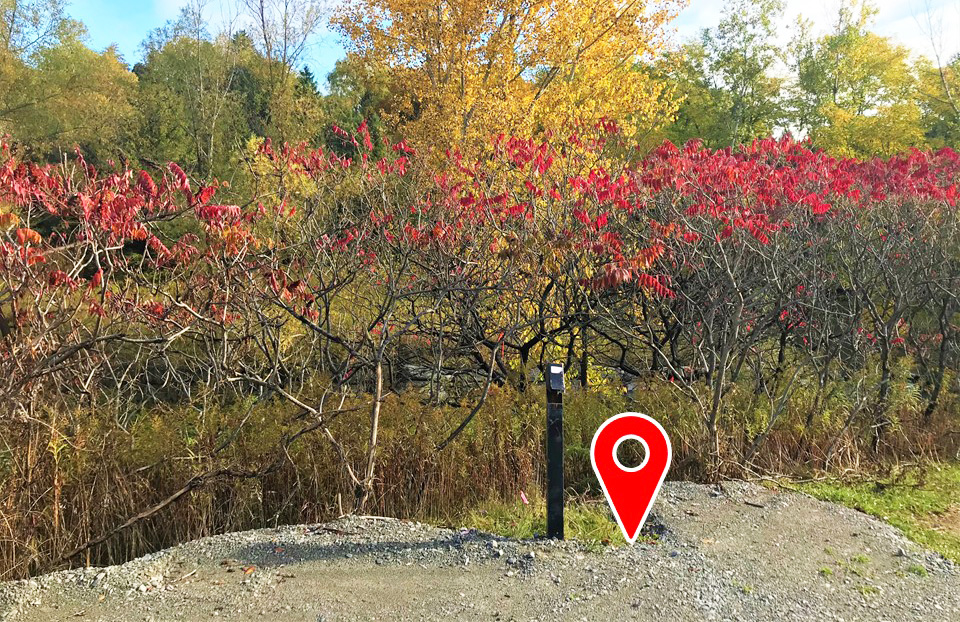 photograph with pushpin shows precise location of future Highland Creek crossing bridge